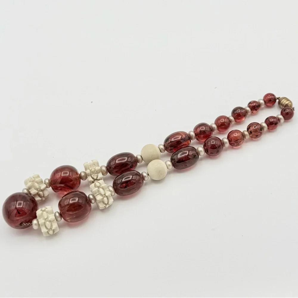 Vintage 1930s Louis Rousselet Art Deco Amber Glass Bead Carved Galalith Necklace